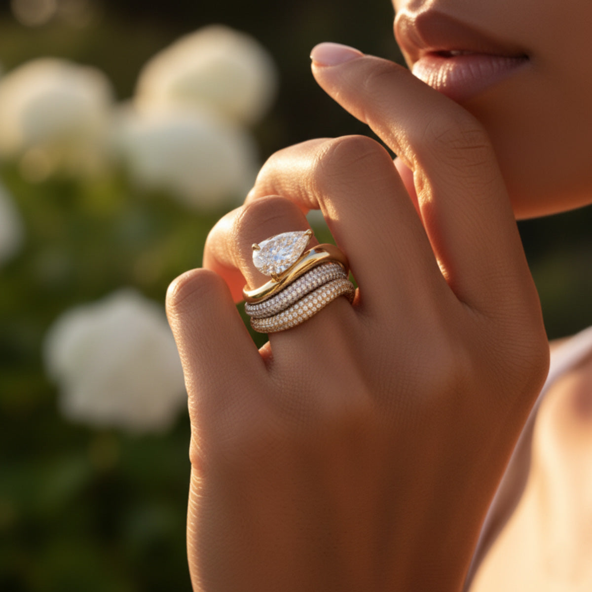 LUMEO Oriane Pave Ring in 18k Solid Yellow Gold on hand