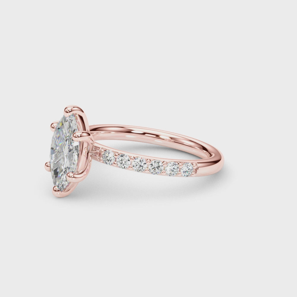 LUMEO Marquise Classic Solitaire Diamond Engagement Ring with Diamond Band Video in 18k Solid Rose Gold #marquise_diamond-band