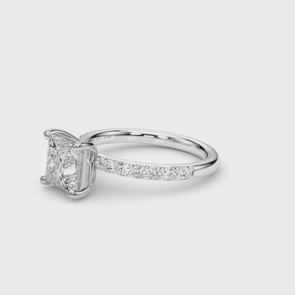 LUMEO Princess Classic Solitaire Diamond Engagement Ring with Diamond Band Video in Platinum or 18k Solid White Gold #princess_diamond-band