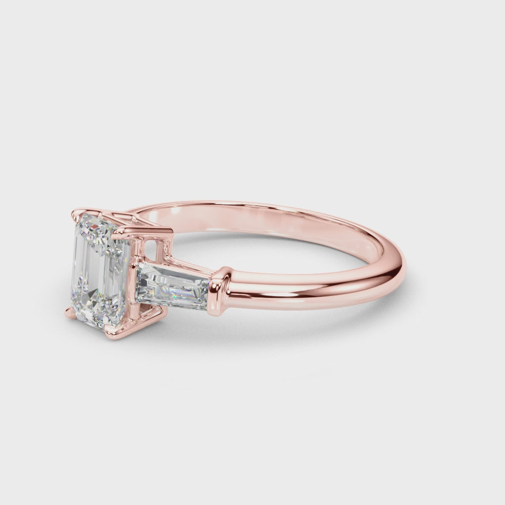 Emerald Three Stone Diamond Engagement Ring Video in 18k Solid Rose Gold