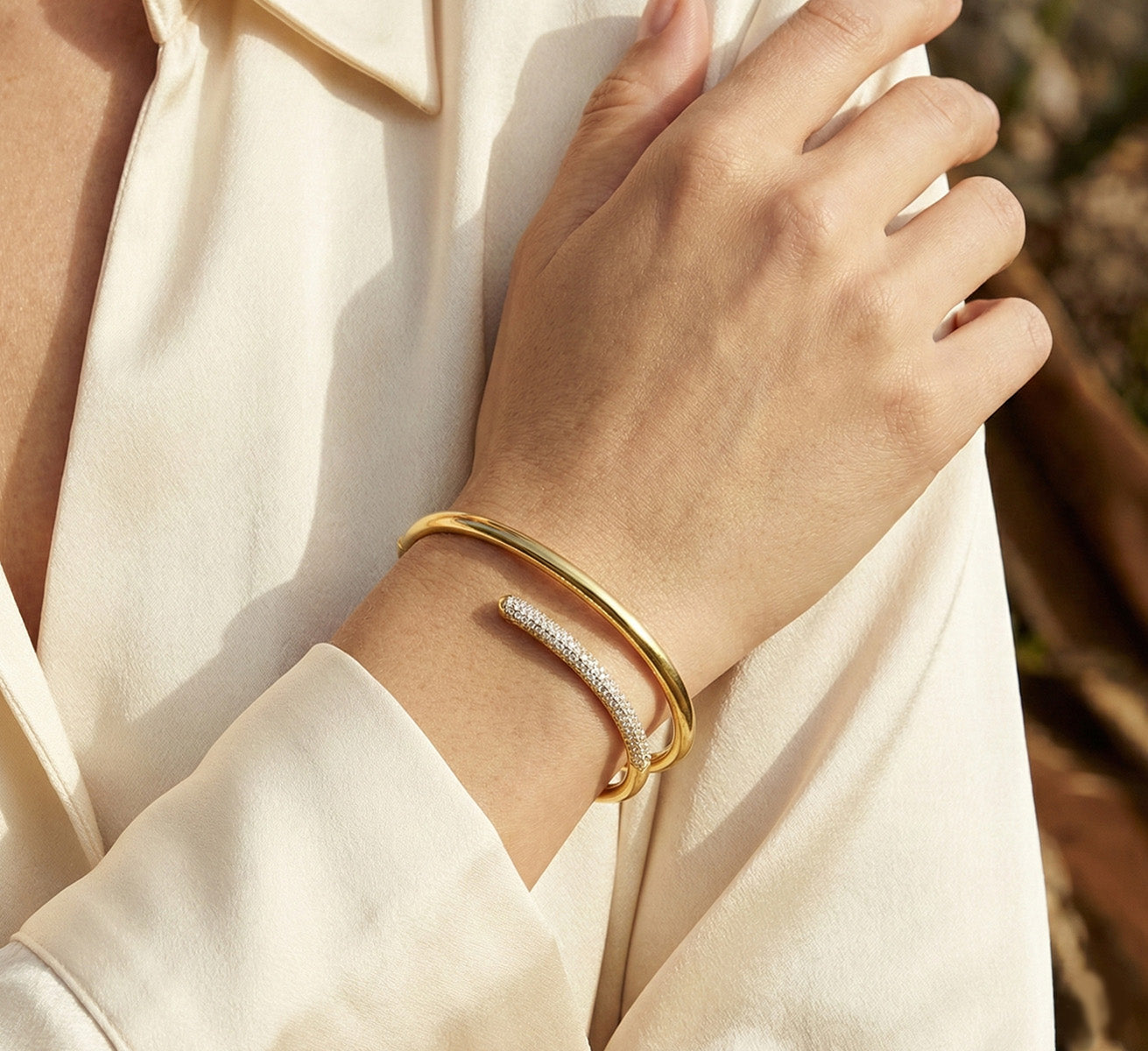LUMEO Selma Half Pave Bracelet in 18k Solid Yellow Gold on model