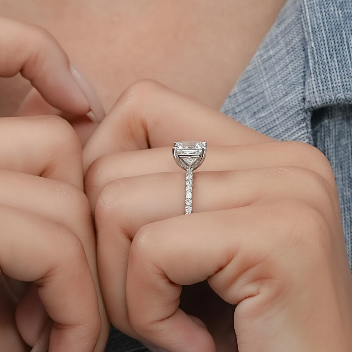 LUMEO Princess Classic Solitaire Diamond Engagement Ring with Diamond Band on model in 18k Solid White Gold 