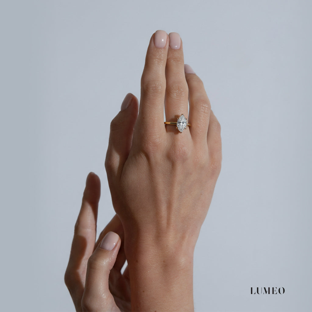 LUMEO Marquise Solitaire with Contemporary Shank Diamond Engagement Ring Video in 18k Solid Yellow Gold