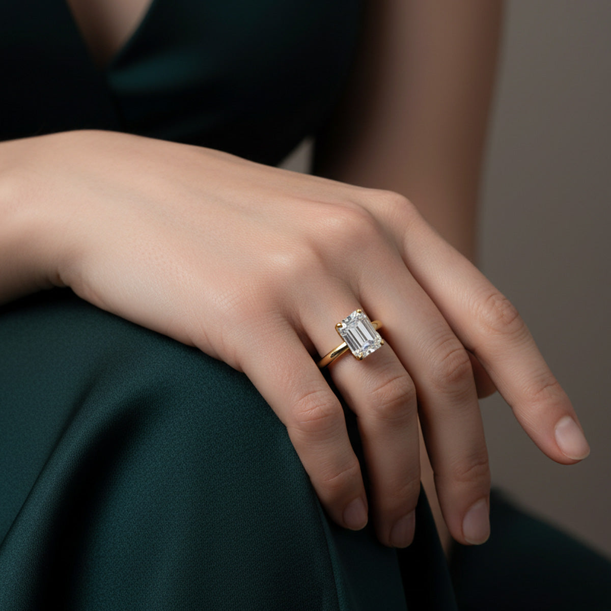 LUMEO Emerald Classic Solitaire Diamond Engagement Ring with Plain Band on model in 18k Solid Yellow Gold 
