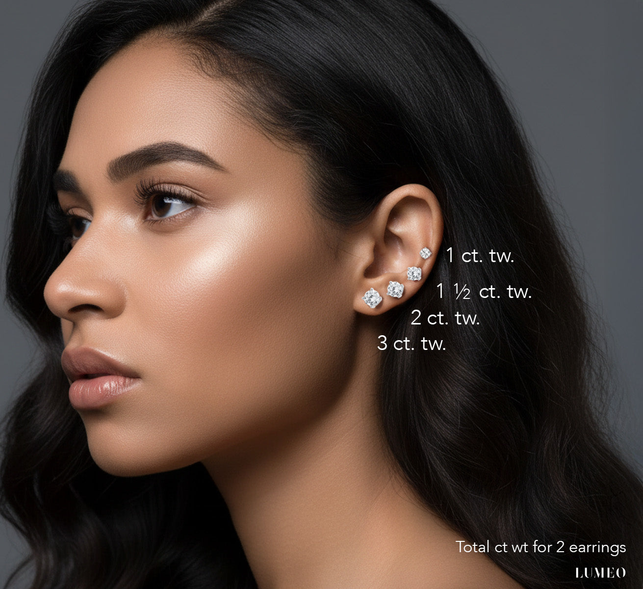 LUMEO Round Cut Ear Studs size comparison on model in Platinum or 18k Solid White Gold 