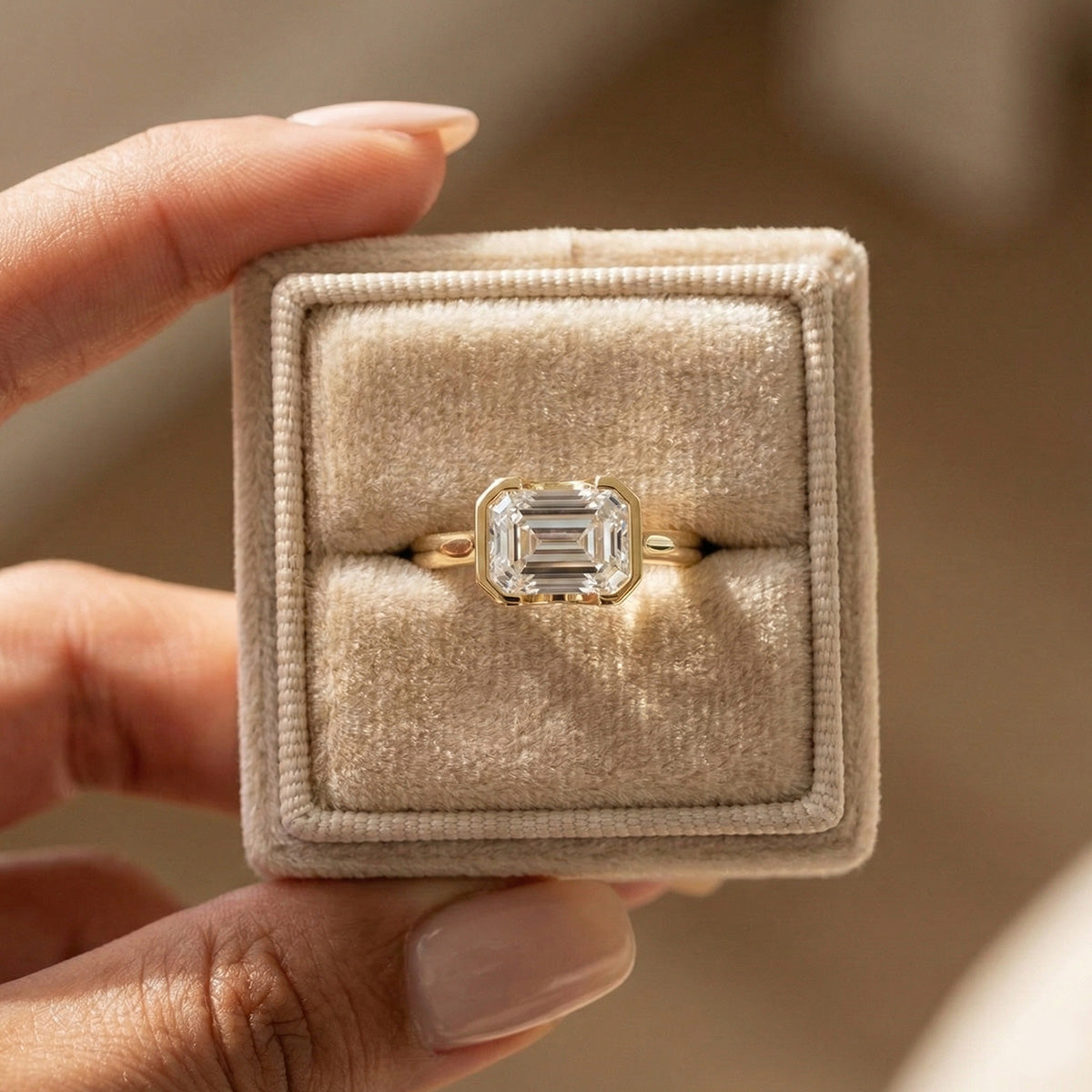 LUMEO The Blair Emerald Bezel Diamond Engagement Ring Front View in 18k Solid Yellow Gold 