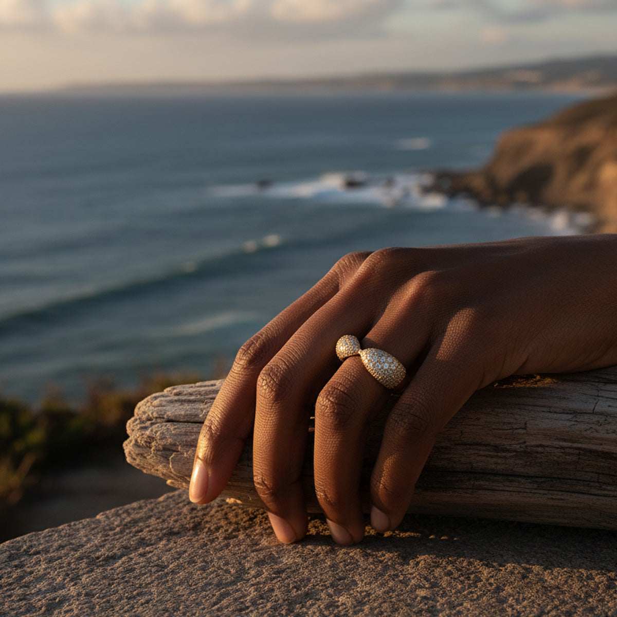 LUMEO Nola Wide Pave Ring in 18k Solid Yellow Gold on model
