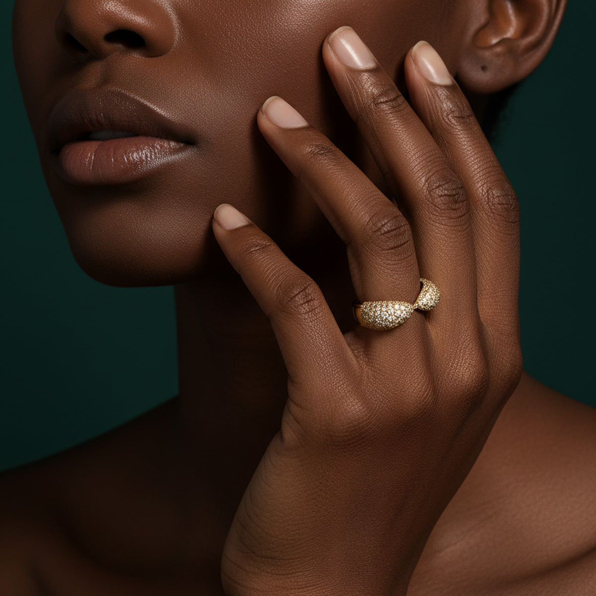 LUMEO Nola Wide Pave Ring in 18k Solid Yellow Gold on model